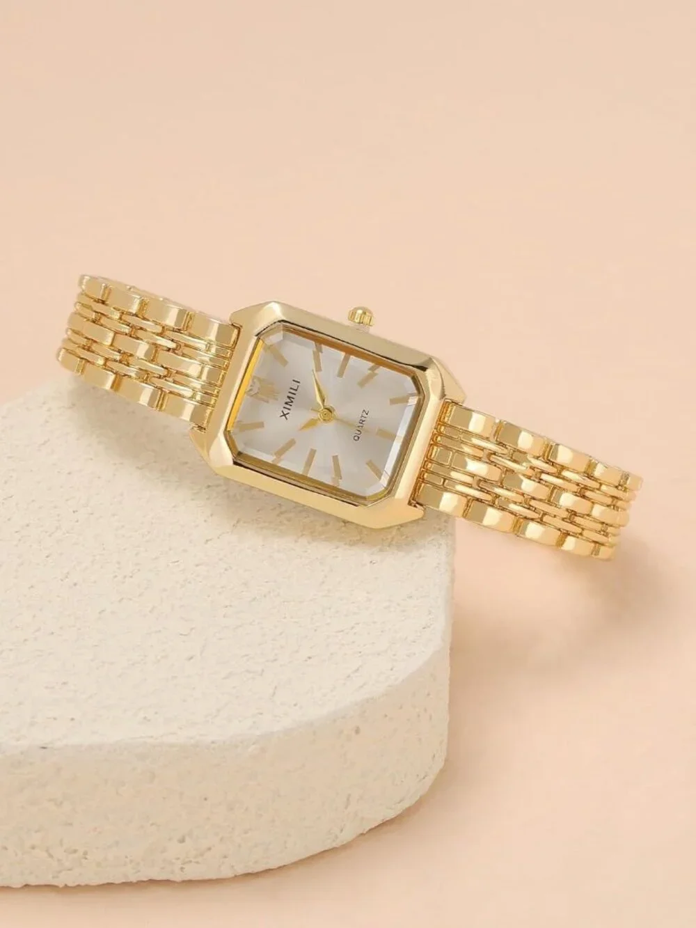 Women's Gold Quartz Rectangular Case Metal Bracelet Band Analogue Wrist Watch